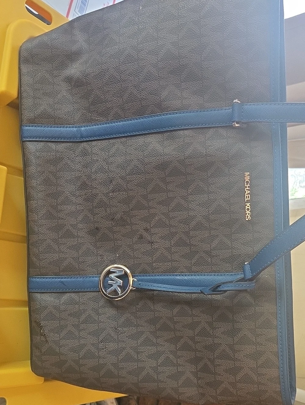 Michael Kors Black Signature Tote with Blue Trim